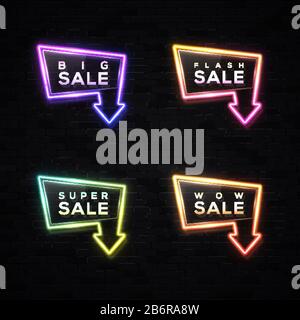 Big sale neon arrow sign set on black brick wall background. 3d super discount gradient retro frame for business design. Light border with glossy plas Stock Vector