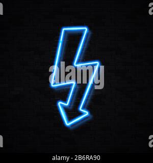 Neon sign of blue lightning bolt isolated on black brick wall background. Glowing light thunder. 3d electricity symbol. Energy power sign. Electric le Stock Vector