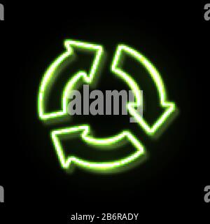 Neon light recycling icon isolated on black background. Green 3 arrow in circle sign. 3d color glowing refresh reload rotation loop symbol. Electric l Stock Vector