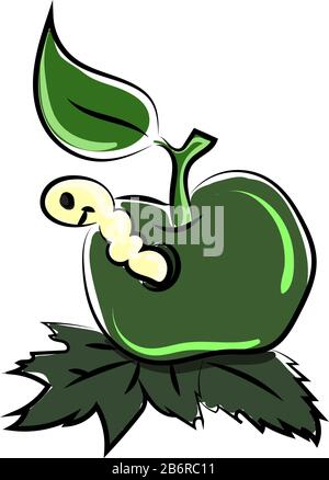 Green apple with worm, illustration, vector on white background. Stock Vector