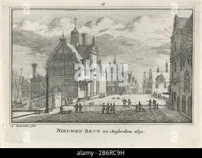 Gezicht op het Paalhuis en de Nieuwe Brug te Amsterdam, 1650 Nieuwen Brug tot Amsterdam 1650 (titel op object) view of the Post House on the north side of New Bridge in Amsterdam, the situation around 1650. Seen from the Texel Quay (later Prins Hendrikkade). Right To house on Texel Quay and the side wall of the first house of the Damrak. Manufacturer : printmaker: Abraham Rademaker (listed building) publisher: Willem Barents Publisher: Antoni Schoonenburg Place manufacture: Amsterdam Date: 1727 - 1733 Material: paper Technique: etching / engra (printing process) Dimensions: plate edge: h 80mm Stock Photo