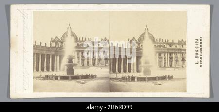 Gezicht op het Sint-Pietersplein in Vaticaanstad met een fontein Fontana di S Pietro (titel op object) View of the St. Peter's Square in Vatican with a fountain fontana di S. Pietro (title object) Object Type: stereo picture Object number: RP-F-F06706 Inscriptions / Brands: number, verso, hand-written, the N: 5 .' Manufacturer : photographer: Lorenzo Suscipi (indicated on object) Place manufacture: Vatican Dating: ca. 1850 - ca. 1880 Material: photo paper, cardboard Technique: albumin pressure dimensions: secondary carrier: h 85 mm × W 183 mm Subject: square, place, circus, etc .ornamental fou Stock Photo