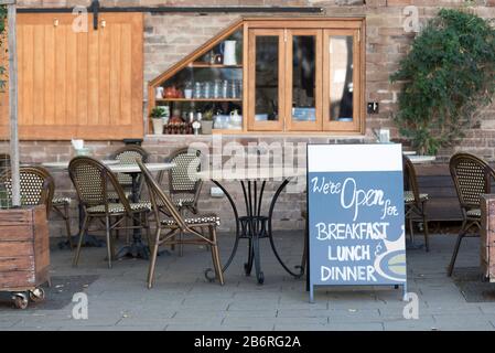 Outdoor alfresco cafe seating with no people in Parramatta, New South Wales, Australia Stock Photo