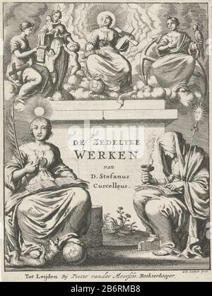 Godvruchtigheid omringd door de drie goddelijke deugden Titelpagina voor S Curcellaeus, De Zedelyke Werken, ca 1674 Above a pedestal enthroned the personified Piety surrounded by the personifications of hope, love and faith (the three theological virtues). In the foreground sits right Wits and left Where: heid. Manufacturer : printmaker Jan Luyken (listed building) Publisher: Pieter van der Meersche (listed property) Place manufacture: printmaker: Amsterdam Publisher: Leiden Date: 1674 Physical Features: Etching and text in the letterpress on verso material: paper Technique: etching / letterpr Stock Photo