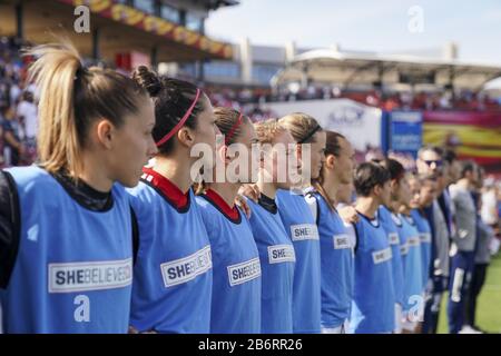FRISCO. USA. MAR 11: Spanish reserves respect anthems before the 2020 SheBelieves Cup Women's International friendly football match between England Women vs Spain Women at Toyota Stadium in Frisco, Texas, USA. ***No commericial use*** (Photo by Daniela Porcelli/SPP) Stock Photo