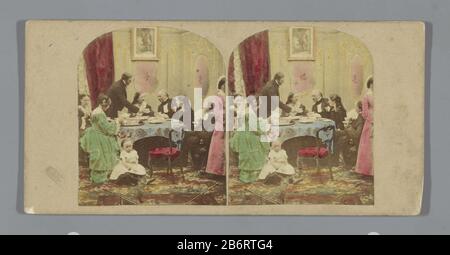 Groep mensen rond een eettafel Group of people around a table object type: stereo picture Item number: RP-F F10607 Inscriptions / Brands: number, verso, handwritten '150' Manufacturer : photographer Alfred Silvester (listed property) Place manufacture: London Date: 1850 - 1864 Material: photo paper, cardboard Technique: albumin pressure / hand-color measurements: secondary carrier: h 85 mm × W 174 mm Subject: cat Stock Photo