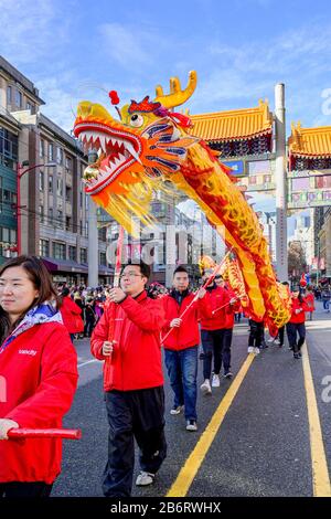 VanCity, Dragon dance team, Chinese Lunar New Year Parade, Chinatown, Vancouver, British Columbia, Canada Stock Photo
