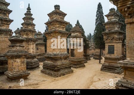 Brick tombs of eminent monks in the Pagoda Forest cemetery at Shaolin Temple. Shaolin Temple in famous for kungfu and is near Dengfeng in Henan Provin Stock Photo