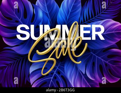 Golden metallic summer sale lettering on a purple bright background from tropical leaves of plants. Vector illustration Stock Vector