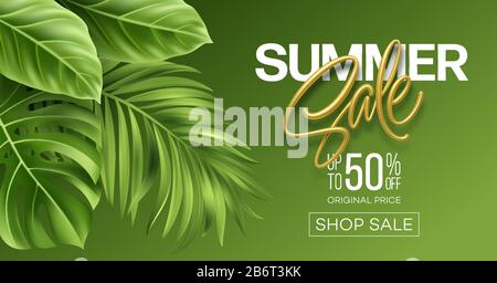 Golden metallic summer sale lettering on a bright background from green tropical leaves of plants. Vector illustration Stock Vector