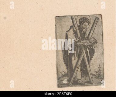 Heilige Andreas The standing Saint Andrew with Andrew's cross and boek. Manufacturer : print maker: anonymous location manufacture: Italy Date: 1500 - 1599 Physical characteristics: engra with plate tone material: paper Technique: engra (printing process) / plate tone dimensions : sheet: h 75 mm (inner plate edge cut) × W 50 mm (inner plate edge cut)  Subject: the apostle Andrew; possible attributes: book, X-shaped cross, fish, fishing net, rope, scroll right and