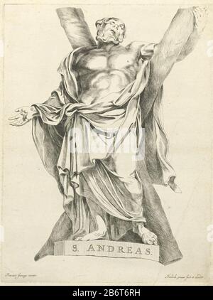 Heilige Andreas Saint Andrew, with x- shaped cross. The statue of François Duquesnoy. Manufacturer : printmaker: Hendrick de Graauw (listed building) to view: François Du Quesnoy (listed building) Publisher: Hendrick de Graauw (listed property) Date: ca. 1637 - 1693 Physical features: etching material: paper Technique: etching dimensions: plate edge b 312 mm x h 413 mm Subject: the apostle Andrew; possible attributes: book, X-shaped cross, fish, fishing net, rope, scroll right and