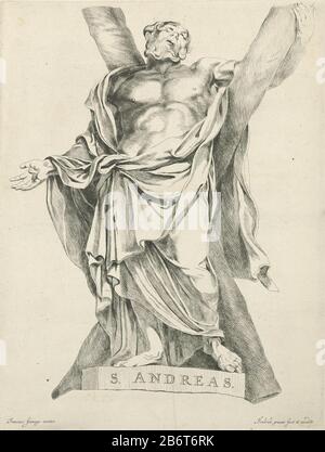 Heilige Andreas Saint Andrew, with x-shaped cross. The statue of François Duquesnoy. Manufacturer : printmaker: Hendrick de Graauw (listed building) to view: François Du Quesnoy (listed building) Publisher: Hendrick de Graauw (listed property) Date: ca. 1637 - 1693 Physical features: etching material: paper Technique: etching dimensions: plate edge b 310 mm x h 411 mm Subject: the apostle Andrew; possible attributes: book, X-shaped cross, fish, fishing net, rope, scroll