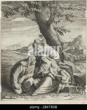 Heilige Familie met Elisabet en Johannes de Doper The Holy Family sat under a tree in a landscape. John the Baptist holds the hand of Christ. Elizabeth kneels at the groep. Manufacturer : printmaker Jan Harmensz. Muller to design: Dirck Barendsz.Plaats manufacture: Amsterdam Date: 1586 - 1590 Physical features: engra; proofing material: paper Technique: engra (printing process) Dimensions: plate edge: H 359 mm × W 297 mm Subject: Holy Family with John the Baptist, Elisabeth present Stock Photo