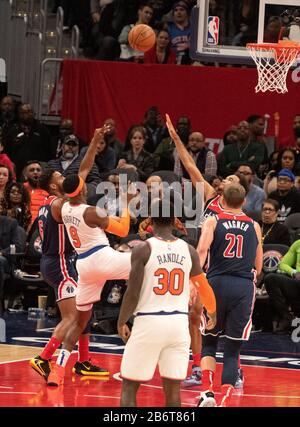 Washington, United States Of America. 10th Mar, 2020. New York Knicks guard RJ Barrett (9) scores in the fourth quarter during the game against the Washington Wizards at the Capital One Arena in Washington, DC on March 10, 2020. The Wizards won the game 122-115.Credit: Ron Sachs/CNP (RESTRICTION: NO New York or New Jersey Newspapers or newspapers within a 75 mile radius of New York City) | usage worldwide Credit: dpa/Alamy Live News Stock Photo