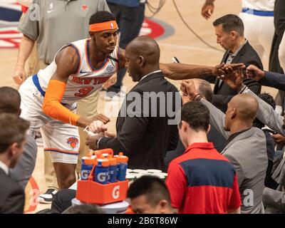 Washington, United States Of America. 10th Mar, 2020. New York Knicks guard RJ Barrett (9) knocks hands and fists during a time-out in the game against the Washington Wizards at the Capital One Arena in Washington, DC on March 10, 2020.Credit: Ron Sachs/CNP (RESTRICTION: NO New York or New Jersey Newspapers or newspapers within a 75 mile radius of New York City) | usage worldwide Credit: dpa/Alamy Live News Stock Photo