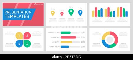 Set of yellow and blue, red, green elements for multipurpose presentation template slides with graphs and charts. Stock Vector