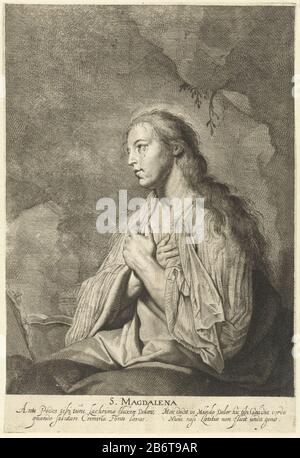 Heilige Maria Magdalena als zondares Saint Mary Magdalen sitting in a cave with her hands crossed over her chest and her tearful face upwards. Besides her stand attributes such as the crucifix, the jar of ointment and there is a book. under the show is a Latin verse in two stanzas of two regels. Manufacturer : printmaker Pieter Fransz. the Grebbernaar own design: Pieter Fransz. the GrebberPlaats manufacture: Netherlands Date: 1610 - 1655 Physical features: car material: paper Technique: engra (printing process) Dimensions: sheet: H 360 mm × W 244 mm Subject: the penitent harlot Mary Magdalene; Stock Photo