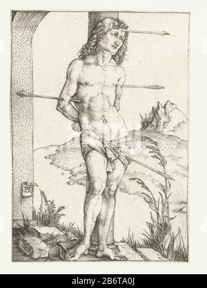 Heilige Sebastiaan The Saint Sebastian, bound to a pillar, arrows in its lichaam. Manufacturer : print maker: Albrecht Dürer (indicated on object) Place manufacture: Nürnberg Date: 1497 - 1501 Physical characteristics: engra material: paper Technique: engra (printing process) Measurements: sheet: h 106 mm × b 76 mm Subject: St . Sebastian, tied to a tree or a pillar is pierced by arrow Stock Photo