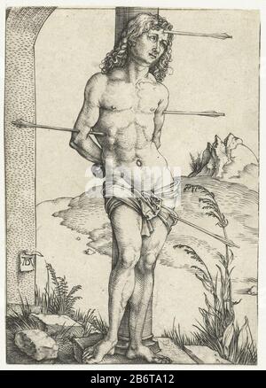 Heilige Sebastiaan The Saint Sebastian, bound to a pillar, arrows in its lichaam. Manufacturer : print maker: Albrecht Dürer (indicated on object) Place manufacture: Nürnberg Date: 1497 - 1501 Physical characteristics: engra material: paper Technique: engra (printing process) Measurements: sheet: h 106 mm × b 76 mm Subject: St . Sebastian, tied to a tree or a pillar is pierced by arrow Stock Photo