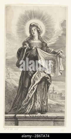 Heilige Veronica met zweetdoek (sudarium) S Veronica (titel op object) Saint Veronica with sweat cloth imprint face of Christ (sudarium) . Manufacturer  : print maker: Pieter de Bailliu (I) (shown on object) to drawing of: Theodoor of Thulden (indicated on object) publisher: Pieter de Bailliu (I) (shown on object) Date: 1623 - 1660 Physical characteristics: engra material: paper Technique : engra (printing process) Measurements: plate edge: h 257 mm × W 130 mmToelichtingPrent to drawing of Theodoor of Thulden. Subject: Veronica; possible attributes: 'Sudarium' (veil with the image of Christ) ' Stock Photo