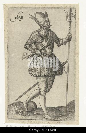 Hellebaardier A halberdier in sixteenth-century clothing. Profile to the right. He holds a halberd in his left hand and a heavy d his zijde. Manufacturer : printmaker Abraham de Bruyn (listed property) Place manufacture: Antwerp Date: 1550 - 1587 Physical features: car material: paper Technique: engra (printing process) Dimensions: plate edge: b 48 mm × h 80 mm Subject: warfare; military affairs (+ infantry) Helved weapons, polearms (for striking, hacking, thrusting) halberd Stock Photo