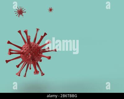 3d render of red coronavirus model in cyan background with space for text. Stock Photo