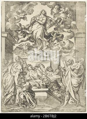 Hemelvaart van Maria The twelve disciples consider amazed at the empty tomb. The clouds Mary by angels carried above them to hemel. Manufacturer : printmaker: anonymous place manufacture: Netherlands Date: 1600 - 1699 Physical features: woodcut material: paper Technique: woodcut Dimensions: sheet: H 451 mm × W 344 mm Subject: the assumption of Mary ( 'Assumption corporis): she is borne into heaven by angels