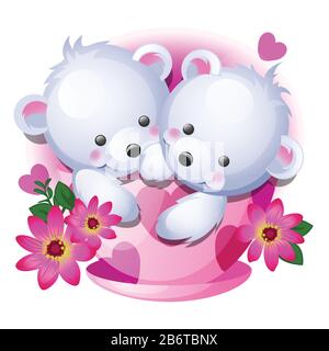 Cute gift or a sketch for a card with little fluffy bears in a porcelain cup with pink flowers isolated on white background. Vector cartoon close-up Stock Vector