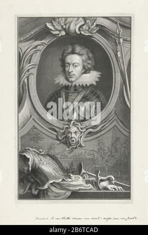 Henry Frederick, prins van Wales Portrait of Frederick Henry, Prince of Wales, including the portrait head of Medusa, a performance with a jousting tournament and a harness with a trumpet, the handle of a heavy : d, and a handschoen. Manufacturer : print maker: Jacob Houbraken (indicated on object) to painting of: Isaac Oliver Place manufacture: Amsterdam Date: 1736 - 1738 Physical characteristics: etching, engra and pen; proofing material: paper Technique: etching / engra (printing process) / pen Dimensions: plate edge: H 371 mm × W 231 mmToelichtingPrent also used in: Thomas Birch. The heads Stock Photo