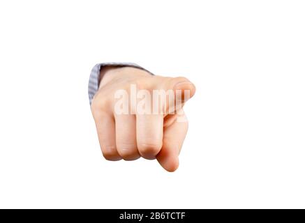 Man's finger pointing at you and touching screen. Small business concept. Teatcher pointing to something. Isolated on white background. Stock Photo