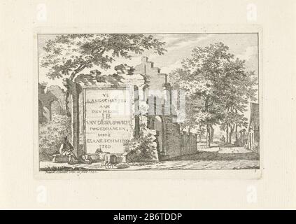 View of a village road with the foreground a shepherd with sheep in a ruin. To ruin a plaque with the title. Print title of a series of six landschappen. Manufacturer : printmaker: Izaak Schmidt (listed property) assigned to: J.B. van der Upwich (indicated on object) Place manufacture: Amsterdam Date: 1780 Physical characteristics: etching material: paper Technique: etching dimensions: plate edge: h 99 mm × W 146 mm Subject: herding, herdsman, herdswoman, shepherd, shepherdess, cowherd, etc.landscape with gelding sheep Stock Photo