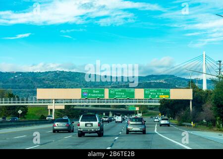 Unusually light weekday morning traffic on San Francisco Bay Area highway. Silicon Valley companies advised employees work from home during coronaviru Stock Photo