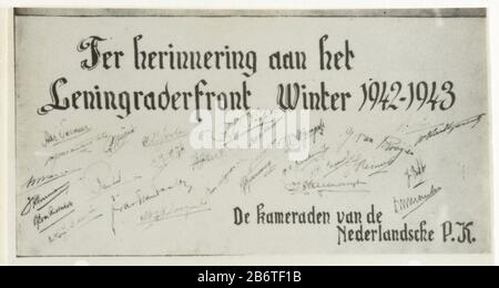 Herinneringskaart aan het Oostfront NSB (serietitel) A card in memory of the time on the eastern front near Leningrad. Title: In memory of the Loan Rader Front. Winter 1942 - 1943. The comrades of the Dutch PK (Propaganda Kompagnie). The card is also packed with handtekeningen. Manufacturer : Photographer: Photo service NSBPlaats manufacture: Netherlands Date: 1942 - 1944 Material: paper Technique: Photography Dimensions: H 3 cm. B × 5.5 cm.  Subject: political propaganda War II German invasion of the Soviet Union When: 1942 - 1943 Stock Photo