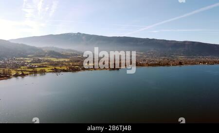 Panoramic aerial view of Chateau de Duingt on Annecy lake, France Stock Photo