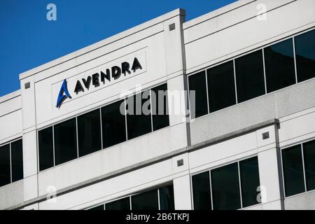 A logo sign outside of the headquarters of Avendra in Rockville, Maryland on March 8, 2020. Stock Photo