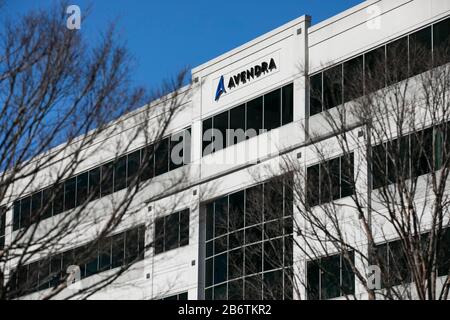 A logo sign outside of the headquarters of Avendra in Rockville, Maryland on March 8, 2020. Stock Photo