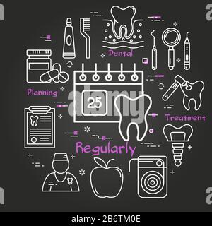 Vector black line round concept - calendar with date of dental examination Stock Vector
