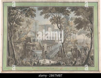 view of gardens and waterworks of the Villa d'Este in Tivoli, seen from the Fontana dell'Ovato. A large group of visitors have gathered on a terrace Where: music is created and gedanst. Manufacturer : printmaker Francesco Piranesi draftsman Louis Jean Desprez (listed property) to drawing: Jean Louis DesprezPlaats manufacture: Rome Date: ca. 1783 - ca. . 1784 Physical characteristics: brush in crops of ink in gray and watercolor in colors over a lijnets Material: paper watercolor gouache (watercolor) Technique: etching / brush dimensions: h 478 mm × W 694 mm Subject: rural housing, eg, country- Stock Photo
