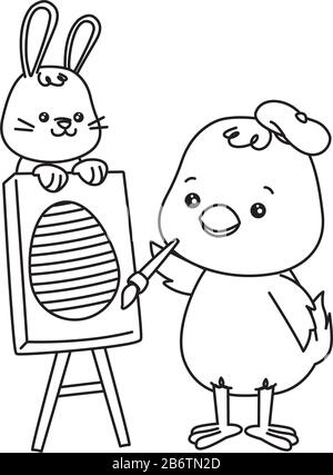 little rabbit and chick painting egg easter characters Stock Vector