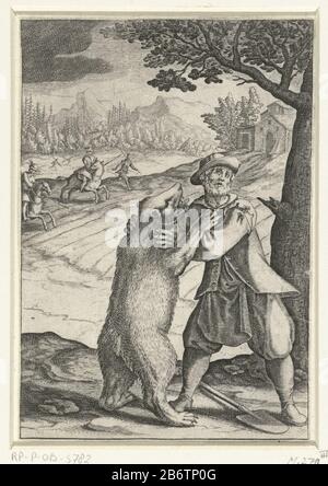 Het wonder van Spadino en de beer a man fights with a bear. In the background, two horsemen and two pedestrians in a mountain landscape near a huisje. Manufacturer : printmaker Jacques CallotPlaats manufacture: Florence Date: 1614 Physical features: car material: paper Technique: engra (printing process) Dimensions: sheet: h (cut off part of margin) 118 mm b × 81 mmToelichtingGebruikt as illustration in: Gio. Angiolo Lottini, 'Scelta d'alcuni miracoli e grazie della Santissima nunziata di Firenze '(a book about miracles done by Our Lady of the Annunicatie Florence, three editions in Florence,