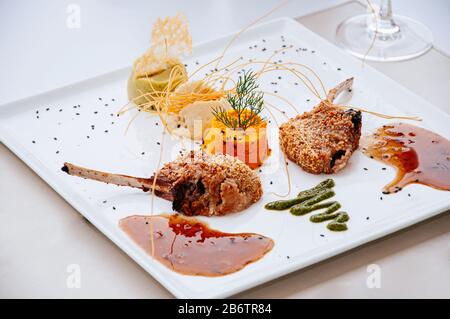 Cauliflower Steak With Green And White Puree. Grilled Cauliflower As 