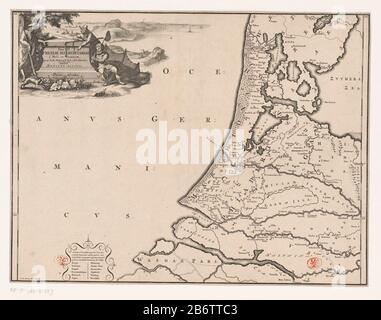Historische kaart van Nederland met de gebieden van de Bataven en Friezen Pars II Fresiae haereditariae (titel op object) Map of the Frisian areas in the western Netherlands in Roman times. Top left one cartouche with title, around it are a hunter, a farmer and displayed a fisherman. Scale Stok lower cartouche: Triens gradus. Bottom left a cartouche with some old places that are not shown on the map because their exact location could not be determined anymore. Degree distribution along left and rechterrand. Manufacturer : printmaker: Gerrit de Broen (I) (listed building) writer: Menso Alting (