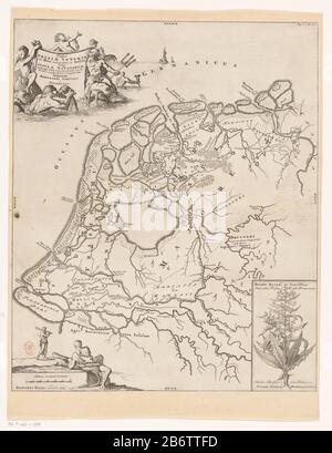 Historische kaart van Nederland met de gebieden van de Bataven en Friezen Typus Frisiae veteris insulae Batavorum (titel op object) Map of the Frisian and Batavian areas in Netherlands in Roman times . Top left cartouche with title, surrounded by Neptune and some Tritons. Bottom left cartouche with scale bar: Milli Aria Germanica COMMUNIA. Above the cartouche two Germanic warriors (possibly Frisians). Bottom right cartridge with a representation of the plant water sorrel (Rumex hydrolapathum). This plant has been used as Pliny the Frisians to combat scheurbuik. Manufacturer : printmaker: Caspa