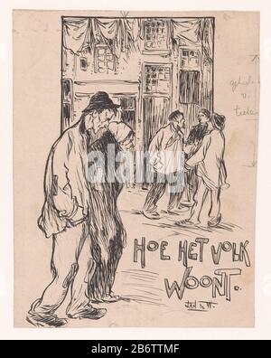 Hoe het volk woont (titel op object) A poor man and woman, wrapped in rags, hands in pockets, walking on the street. In the background a group of three men talking to each other for a row of houses. On the back of the blade a sketch of a standing man with ax or hammer. Used as an illustration at the beginning of chapter XI of the book: A forgotten chapter: white slaves (1898) . Manufacturer : artist Jan de Stock Photo