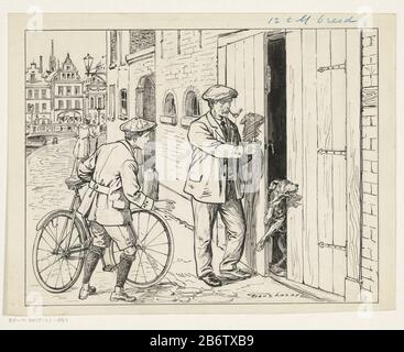 Hond probeert te ontsnappen In a street on a canal stands a man with a pipe in front of a store. The door is ajar and a dog tries to squeeze through the opening. A boy with a bicycle looks going to tafereel. Manufacturer : artist: French Lazarom (personally signed) Date: 1890 - 1936 Physical features: pen and brush in Indian ink and pencil material: paper Indian ink Pencil Technique: pen / brush dimensions: h 174 mm × W 222 mm Subject: dogstreet (+ city (-scape) with figures, staffage) open by Stock Photo