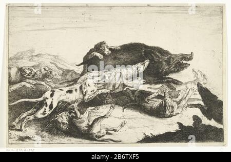 Honden jagen een zwijn Wild Boar Hunt. A pack of dogs chasing a wild zwijn. Manufacturer : printmaker: Peeter Boel (listed building) in its design: Peeter Boel Place manufacture: Unknown Date: ca. 1650 - ca. 1674 Physical features: etching material: paper Technique: etching Dimensions: plate edge: H 210 mm × W 325 mm Subject: boar-hunting and Stock Photo