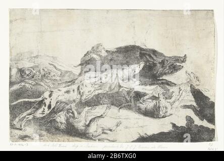 Honden jagen een zwijn Wild Boar Hunt. A pack of dogs chasing a wild zwijn. Manufacturer : printmaker: Peeter Boel (listed building) in its design: Peeter Boel Place manufacture: Unknown Date: ca. 1650 - ca. 1674 Physical features: etching material: paper Technique: etching Dimensions: sheet: H 205 mm × W 320 mm Subject: boar-hunting and Stock Photo