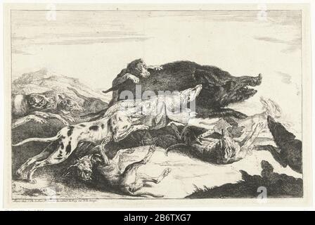 Honden jagen een zwijn Wild Boar Hunt. A pack of dogs chasing a wild zwijn. Manufacturer : printmaker: Peeter Boel (listed building) in its design: Peeter Boel Publisher: Jacques-Philippe Le Bas (listed property) Place manufacture: printmaker unknown publisher: Paris Date: 1650 - about 1674 and / or 1727 - 1783 Physical features: etching material: paper Technique: etching dimensions: plate edge: h 215 mm × W 330 mm Subject: hunt  mammalsboar-hunting Stock Photo