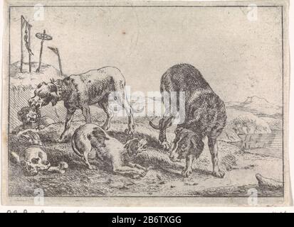 Honden bij knoken Diverse dieren (serietitel) In a countryside There are four dogs at a few bones and a skull. One of the dogs defended his bone against another dog, his nose interested stabbed in the direction of the leg. In the background are depicted two gallows. This print is a part of a ten-part series on various dieren. Manufacturer : print maker: Theodorus van Kessel to design: Johannes van den Hecke Publisher: G. Quineau Dating: 1654 Physical characteristics: etching material: paper Technique: etching dimensions: plate edge: h 76 mm × W 105 mm Subject: dog with bone (human) skull viole Stock Photo